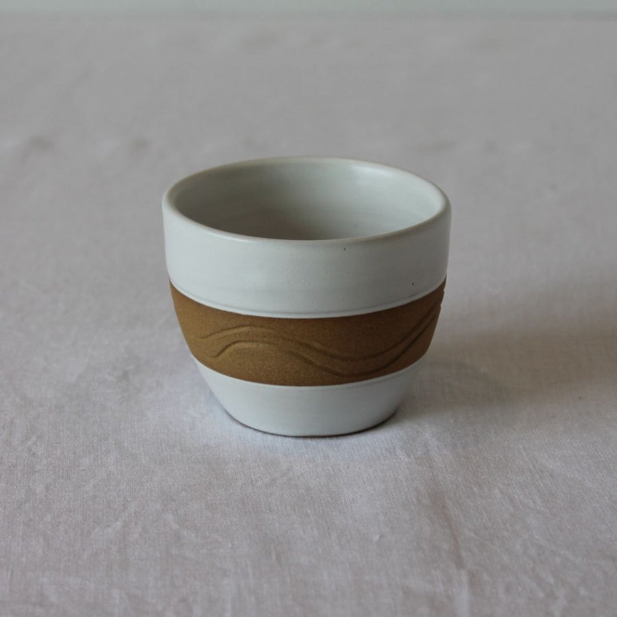 Latte Cup with wa~ring Symbol - White & Ochre